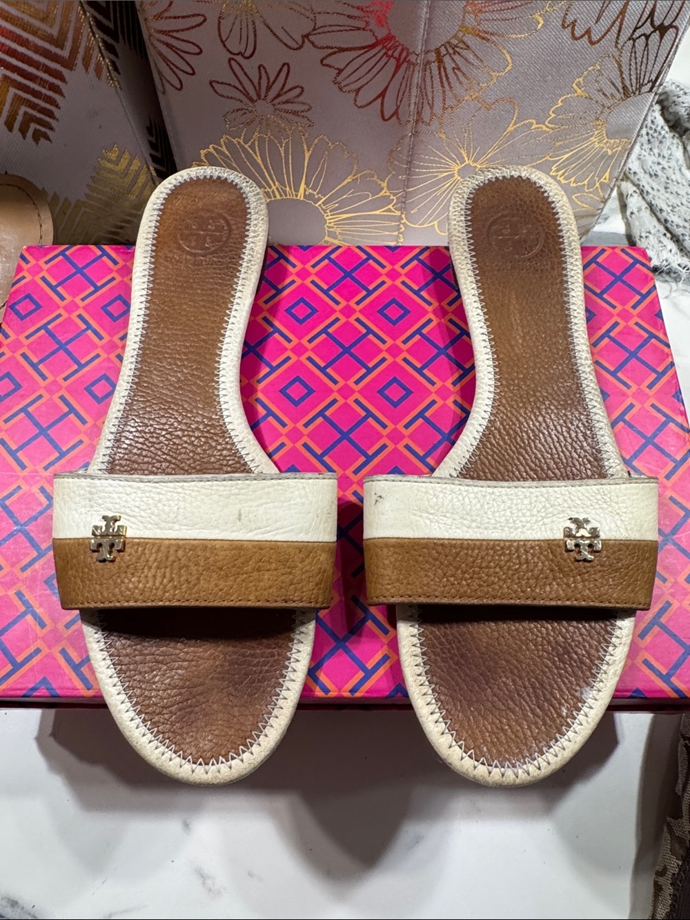 Tory Burch Two-Tone Brown and White Leather Slide Sandals
